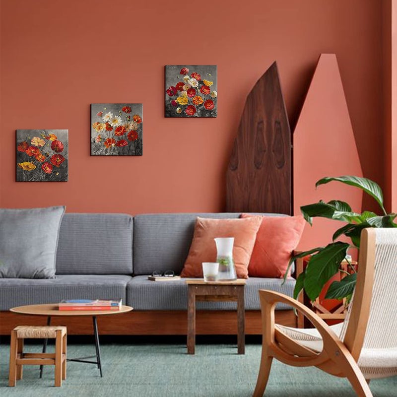sunfrower 3 Piece Poppy Wall Art Burnt Orange Flower Pictures Wall Decor Bedroom Wildflower Paintings Daisy Poppies Posters Canvas Prints Black and Grey Botanical Artwork for Living Room Home Decorations 12x12" - Image 5